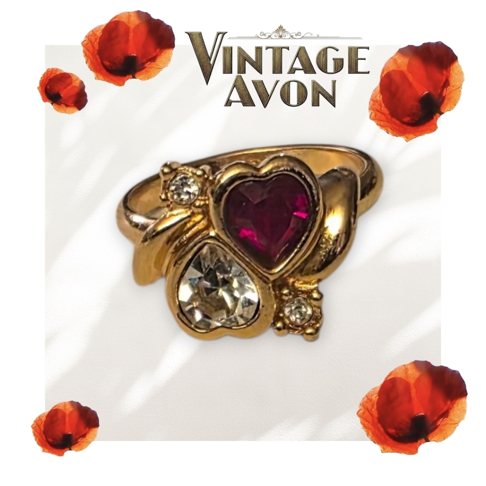 Vintage 1990s Avon Double Heart Ring – Red & Clear Crystal – Size 7